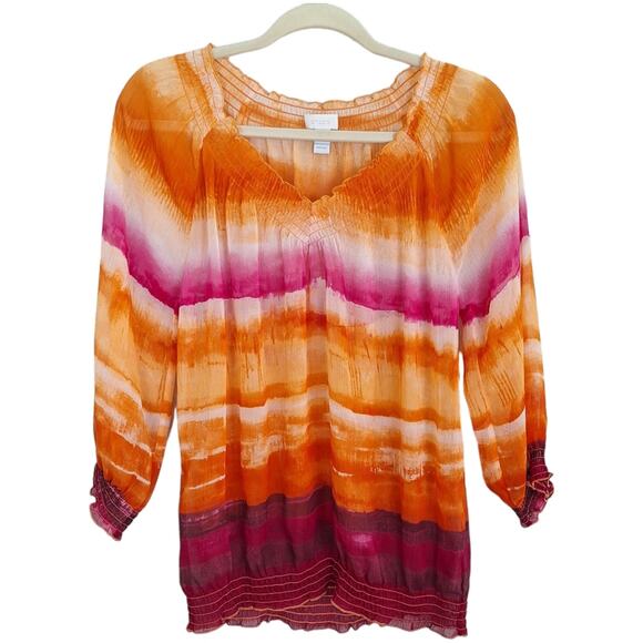Chicos Colorful Orange & Pink Sheer Layering Blouse w Elastic Hem 0 / S - Picture 1 of 9